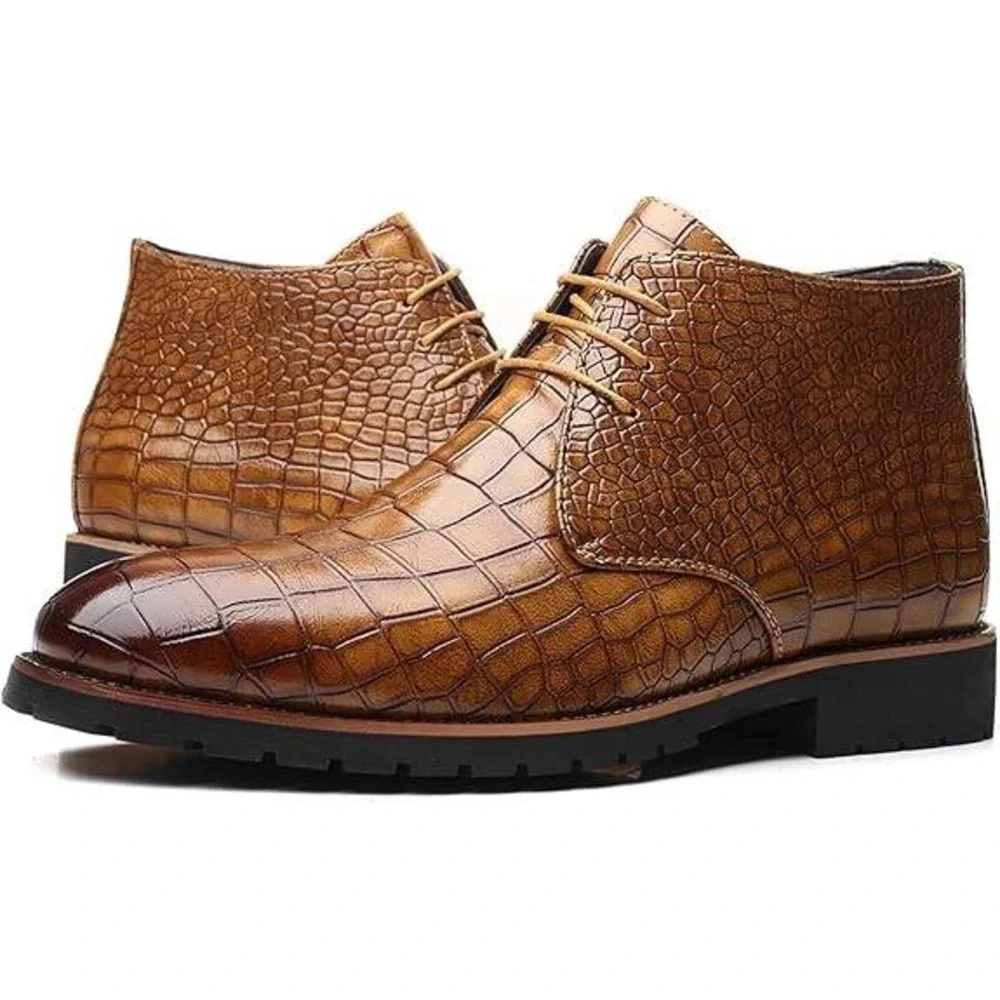 Santimon‎ Men's US 8.5 Tan Embossed Lace Up Pointed Toe Ankle Casual Boots
